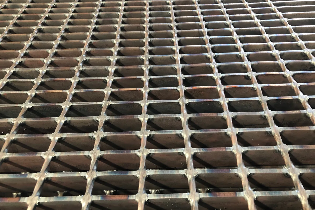 Close view of welded steel grating construction